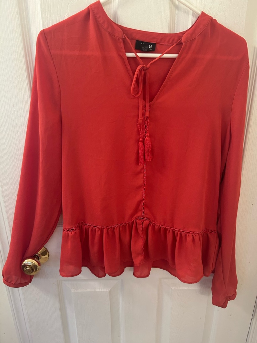 a.n.a Red Tassel Peplum V-Neck Blouse